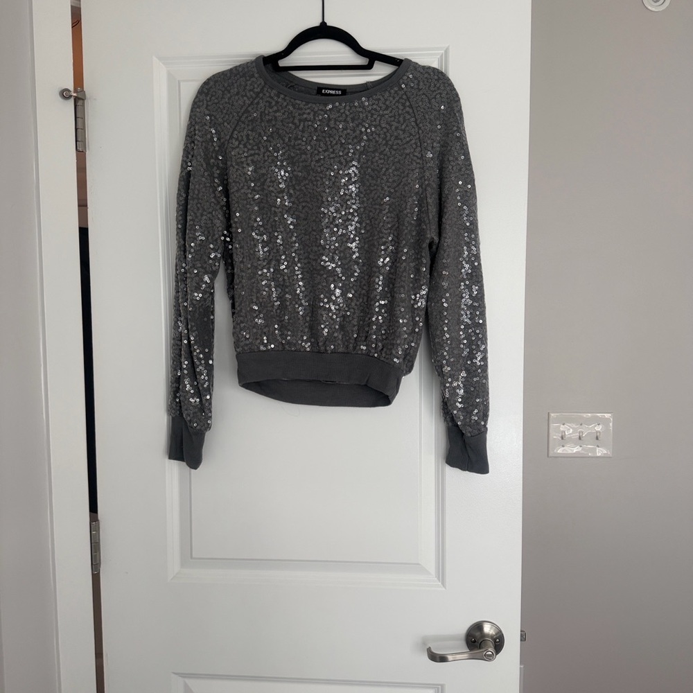 Express Glittering Gray Sequin Sweater